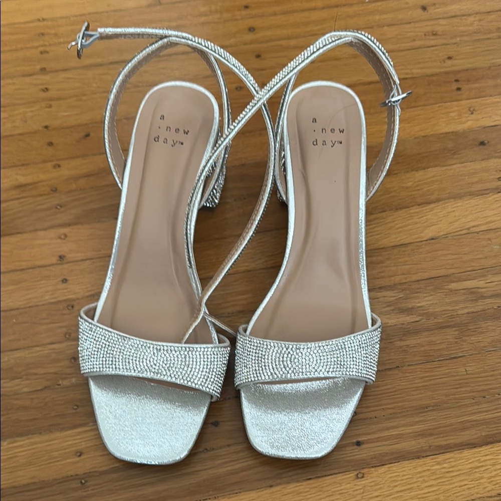 A New Day Silver Heels with Slingback Design NWOT